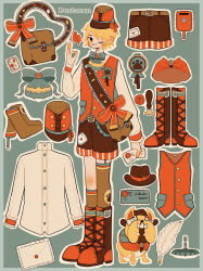 Rule 34 | 1boy, alternate costume, autumn leaves, belt, blonde hair, blue background, blue border, blue bow, boots, border, bow, brooch, brown bag, brown belt, brown footwear, brown hat, brown shorts, brown socks, brown thighhighs, buttons, capelet, character name, cross-laced footwear, dog, feathers, frilled sleeves, frills, full body, garter straps, hat, hat bow, hat ribbon, high collar, highres, holding, holding letter, identity v, jewelry, kneehighs, lace-up boots, letter, male focus, ok sign, one eye closed, orange eyes, outline, outside border, paw print, postage stamp, red bow, red capelet, red ribbon, red vest, ribbon, sash, shirt, short hair, shorts, single garter strap, socks, solo, stitched mouth, stitches, thighhighs, vest, victor grantz, wax seal, wax stamp, white outline, white shirt, whybe123, wick (identity v)
