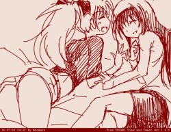 Rule 34 | 10s, 2girls, :d, akemi homura, black hair, bomaan, casual, closed eyes, dated, greyscale, hair over one eye, hairband, laughing, long hair, lying, mahou shoujo madoka magica, mahou shoujo madoka magica (anime), monochrome, multiple girls, on side, on stomach, open mouth, ponytail, red theme, sakura kyoko, shorts, signature, smile