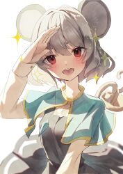 Rule 34 | 1girl, absurdres, animal ears, blue capelet, blush, capelet, commentary request, grey hair, highres, holding, holding with tail, jewelry, jigsaw paru, long sleeves, looking at viewer, mouse, mouse ears, mouse girl, mouse tail, nazrin, open mouth, pendant, prehensile tail, red eyes, short hair, smile, solo, sparkle, tail, touhou