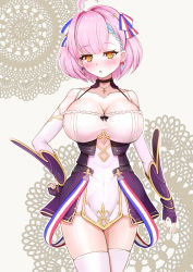 Rule 34 | 1girl, azur lane, bare shoulders, black choker, blue hair, braid, braided bangs, breasts, choker, cleavage, cowboy shot, cross, cross necklace, cutout above navel, detached sleeves, dress, earrings, fingerless gloves, fleur-de-lis, french flag, french flag ribbon, gloves, hair ribbon, jewelry, large breasts, looking at viewer, multicolored hair, necklace, pink hair, purple gloves, ribbon, sai-go, short hair, simple background, solo, streaked hair, tartu (azur lane), thighhighs, two-tone hair, white dress, white thighhighs, yellow eyes
