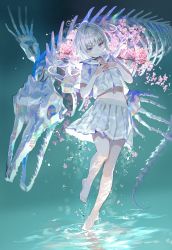 Rule 34 | 1girl, ahoge, aqua background, backlighting, barefoot, blouse, blue eyes, blush, bubble, caustics, cherry blossoms, chromatic aberration, closed mouth, expressionless, feet, fingernails, flat chest, flower, full body, fuzichoco, gradient background, hands up, highres, interlocked fingers, knees together feet apart, leg up, long hair, midriff, miniskirt, nail polish, navel, neckerchief, original, own hands together, petals, pink flower, pink nails, pleated skirt, sailor collar, school uniform, see-through, see-through silhouette, serafuku, shirt, short sleeves, sidelocks, skeleton, skirt, solo, stomach, underwater, upside-down, white hair, white neckerchief, white sailor collar, white shirt, white skirt
