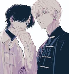 2boys chinese_clothes choker closed_mouth earrings gokurakugai greyscale hair_over_one_eye hand_up hemvanilla1 jewelry long_sleeves looking_at_viewer male_focus monochrome multiple_boys ring shirt short_hair simple_background sleeves_past_wrists smile upper_body yomi_(gokurakugai) yoru_(gokurakugai)