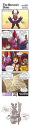 Rule 34 | 4koma, blue eyes, blue hair, blush, breasts, caitlyn (league of legends), cleavage, comic, crying, cuffs, cup, demon, demon girl, gauntlets, gun, handcuffs, hat, highres, horns, jayce (league of legends), large breasts, league of legends, long image, midriff, miniskirt, nestkeeper, orange eyes, red eyes, sketch, skirt, sweat, tail, tall image, teacup, tears, vi (league of legends), weapon, white hair