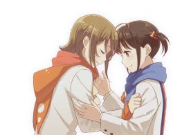 Rule 34 | 10s, 2girls, ahoge, aikawa miyuu, black eyes, black hair, blazer, blue scarf, blush, brown eyes, brown hair, clenched hand, clenched teeth, couple, crying, closed eyes, female focus, forehead-to-forehead, hair ornament, heads together, hood, hoodie, hug, jacket, kannuki hisui, kawabata chizu, long sleeves, looking at another, multiple girls, occultic;nine, red scarf, scarf, school uniform, short hair, simple background, smile, tears, teeth, twintails, upper body, white background, yuri