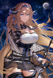 Rule 34 | 1girl, arknights, bare shoulders, belt, berylmini, blonde hair, blue eyes, blue hairband, blue necktie, breasts, cleavage, commentary, cowboy shot, dated, full moon, hair between eyes, hairband, hand up, highres, holding, holding own hair, holding sword, holding weapon, horns, large breasts, long hair, looking at viewer, moon, necktie, pointy ears, reverse grip, saileach (arknights), smile, solo, standing, sword, thighhighs, very long hair, weapon