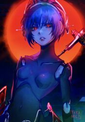 Rule 34 | 1girl, android, artist name, black hair, breasts, collarbone, commentary, covered navel, full moon, glowing, glowing eyes, highres, holding, holding staff, joints, lips, looking at viewer, metis (persona), moon, parted lips, persona, persona 3, red eyes, red moon, robot ears, robot joints, short hair, small breasts, solo, staff, takanoezz, upper body