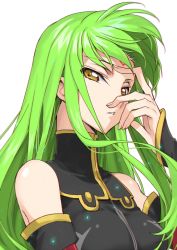 Rule 34 | 1girl, bare shoulders, black dress, breasts, c.c., code geass, creayus, dress, green hair, hand over face, long hair, looking at viewer, medium breasts, parted lips, simple background, solo, turtleneck, white background, yellow eyes