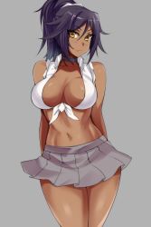 Rule 34 | 1girl, alternate costume, arms behind back, bare shoulders, bleach, blush, breasts, choker, cleavage, contemporary, dark skin, dark-skinned female, front-tie top, hevn, large breasts, looking at viewer, midriff, miniskirt, navel, open clothes, open shirt, pleated skirt, ponytail, purple hair, revealing clothes, school uniform, shihouin yoruichi, shirt, skirt, sleeves rolled up, smile, solo, tied shirt, yellow eyes