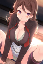 Rule 34 | 1boy, 1girl, black legwear, black shirt, blurry, blurry background, blush, bra, breasts, brown hair, cleavage, collarbone, commentary request, green bra, green panties, hands on another&#039;s chest, highres, komone ushio, long hair, long sleeves, looking at viewer, necktie, open clothes, original, paid reward available, panties, pantyshot, pov, purple eyes, red neckwear, shirt, sitting, sitting on person, skirt, solo focus, underwear, undone necktie, white skirt