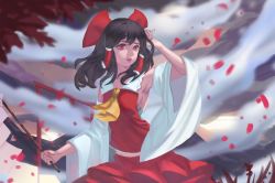 Rule 34 | 1girl, akichen, arm up, bad id, bad pixiv id, blush, bow, brown hair, detached sleeves, eyebrows, hair bow, hair tubes, hakurei reimu, looking away, medium hair, outdoors, parted lips, red bow, red eyes, sarashi, smile, solo, torii, touhou