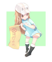 Rule 34 | 10s, 1girl, bad id, bad pixiv id, black footwear, blue shirt, boots, brown eyes, brown shorts, character name, closed mouth, commentary request, flag, flat cap, green background, hands up, hat, hataraku saibou, highres, holding, holding flag, knee boots, light brown hair, long hair, looking away, looking to the side, platelet (hataraku saibou), rubber boots, shiro hakuchou, shirt, short shorts, short sleeves, shorts, solo, standing, two-tone background, very long hair, white background, white hat