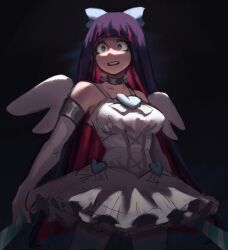 Rule 34 | 1girl, angel, bare shoulders, blunt bangs, bow, breasts, choker, collarbone, cowboy shot, d:, dress, dual wielding, elbow gloves, gloves, grey dress, grey gloves, hair bow, heart, hexlaze, highres, holding, holding sword, holding weapon, large breasts, long hair, looking at viewer, multicolored background, open mouth, panty &amp; stocking with garterbelt, pantyhose, pink hair, purple hair, stocking (psg), striped clothes, striped pantyhose, sword, teeth, weapon, wings