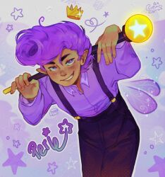 Rule 34 | + +, 1boy, aged up, black pants, bunny moon art, collared shirt, cowboy shot, fairy, fairy wings, fingernails, floating crown, highres, holding, holding wand, long sleeves, looking at viewer, male focus, pants, pointing, poof (fairly oddparents), purple eyes, purple hair, purple shirt, shirt, smirk, solo, star (symbol), suspenders, teeth, the fairly oddparents, the fairly oddparents: a new wish, wand, wings