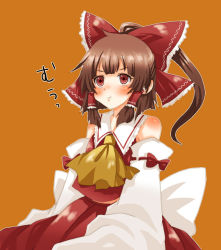 Rule 34 | 1girl, :t, ascot, blunt bangs, boooo-im, bow, brown hair, detached sleeves, female focus, hair bow, hair tubes, hakurei reimu, japanese clothes, miko, ponytail, red eyes, simple background, solo, touhou, yellow ascot