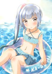 Rule 34 | 10s, 1girl, absurdres, alternate costume, bare arms, bare legs, bikini, brown eyes, commentary request, grey hair, hair ornament, hair ribbon, highres, innertube, kantai collection, kasumi (kancolle), long hair, looking at viewer, misacho (misa1001), navel, ribbon, side ponytail, solo, swim ring, swimsuit, water