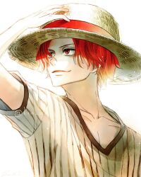Rule 34 | 1boy, aged down, artist name, buaspace, closed mouth, collarbone, hand on headwear, hat, highres, instagram username, male focus, one piece, red eyes, red hair, shanks (one piece), short hair, smile, solo, straw hat