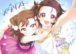 2girls arm_up armpits blue_background brown_eyes brown_hair choker cone_hair_bun debris dress figure_skating figure_skating_dress forehead frilled_dress frills from_above gradient_background guest_art hair_bun hair_ornament highres hug ice jewelry medalist_(manga) medium_hair multiple_girls namori official_art one_side_up open_mouth pink_dress pom_pom_(clothes) pom_pom_hair_ornament reaching reaching_towards_viewer ryoka_miketa short_hair sleeveless smile teeth third-party_source upper_teeth_only white_background white_choker white_dress yuitsuka_inori