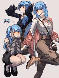 Rule 34 | 1girl, alt text, blue hair, blush, breasts, dress, highres, jacket, kula diamond, long hair, looking at viewer, medium breasts, open mouth, ponytail, red eyes, shirt, simple background, skirt, smile, solo, syachiiro, the king of fighters, white background