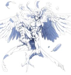 Rule 34 | 1boy, abs, animal feet, battle tendency, bird legs, bird tail, bird wings, claws, feather hair ornament, feathered wings, feathers, flying, full body, greyscale, hair ornament, harpy boy, highres, isaki (shimesaba), jojo no kimyou na bouken, kars (jojo), long hair, male focus, monochrome, monster boy, one eye closed, open mouth, pelvic curtain, simple background, solo, tail, talons, toned, toned male, topless male, wavy hair, white background, winged arms, wings