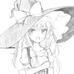 Rule 34 | 1girl, :d, blush, braid, collarbone, commentary, dirndl, dress, german clothes, greyscale, hand on own chest, hat, kirisame marisa, long hair, looking at viewer, low-cut, monochrome, monochrome, open mouth, puffy short sleeves, puffy sleeves, short sleeves, side braid, single braid, sketch, smile, solo, sweat, touhou, wavy hair, witch hat, yururi nano