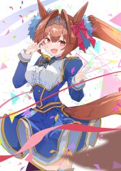 Rule 34 | 1girl, aiguillette, animal ears, black bow, black bowtie, black thighhighs, blue jacket, blue skirt, blush, bow, bowtie, breasts, brown hair, center frills, commentary, confetti, cowboy shot, daiwa scarlet (umamusume), double v, fang, frills, hair bow, hair intakes, hands up, highres, horse ears, horse girl, horse tail, hoshi umi, jacket, juliet sleeves, long hair, long sleeves, looking at viewer, medium breasts, open mouth, overskirt, pleated skirt, puffy sleeves, red eyes, shirt, skin fang, skirt, smile, solo, tail, thighhighs, tiara, twintails, umamusume, v, very long hair, white shirt