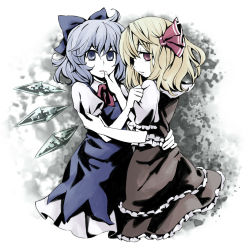 Rule 34 | 2girls, arata iri, bad id, bad pixiv id, blonde hair, blue eyes, blue hair, bow, cirno, clothes grab, embodiment of scarlet devil, fairy, female focus, hand on another&#039;s cheek, hand on another&#039;s face, hand on own hip, hip focus, multiple girls, red eyes, rumia, short hair, touhou, wings, yuri