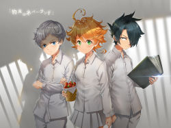 Rule 34 | 1girl, 2boys, absurdres, ahoge, arm at side, basket, black eyes, black hair, blouse, blue eyes, blush, book, bunnyking618, crossed arms, emma (yakusoku no neverland), food, fruit, hair over one eye, highres, holding, holding book, looking at viewer, multiple boys, neck tattoo, norman (yakusoku no neverland), number tattoo, orange hair, ray (yakusoku no neverland), shadow, shirt, short hair, silver hair, skirt, smile, sparkle, standing, strawberry, tattoo, white shirt, white skirt, yakusoku no neverland