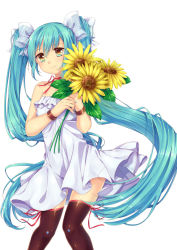 Rule 34 | 1girl, aqua eyes, blue nails, bow, bracelet, dress, flower, green eyes, hair bow, hatsune miku, highres, jewelry, long hair, nail polish, natsume kei, see-through, simple background, smile, solo, strapless, strapless dress, sunflower, thighhighs, twintails, very long hair, vocaloid, white background, white dress