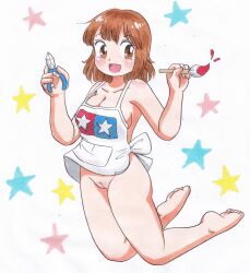 Rule 34 | 1girl, apron, barefoot, blush, breasts, brown eyes, brown hair, cleavage, cleft of venus, collarbone, highres, holding, jumping, looking at viewer, marup, medium breasts, moko-chan, naked apron, open mouth, paint, paintbrush, pliers, pussy, short hair, smile, star (symbol), starry background, tamiya incorporated, white apron, white background