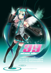 Rule 34 | 1girl, 39, aqua eyes, aqua hair, boots, caffein, character name, detached sleeves, hatsune miku, headset, highres, long hair, necktie, skirt, solo, thigh boots, thighhighs, twintails, very long hair, vocaloid, wings