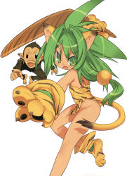 Rule 34 | 1girl, animal ears, animal hands, animal print, blade (galaxist), boomerang, bottomless, cat ears, cat tail, cham cham, fang, gloves, green eyes, green hair, highres, long hair, looking at viewer, monkey, no panties, open mouth, paku paku, paw gloves, paw shoes, queen&#039;s blade, queen&#039;s gate, samurai spirits, shoes, simple background, snk, tail, tiger print, torn clothes, weapon, white background