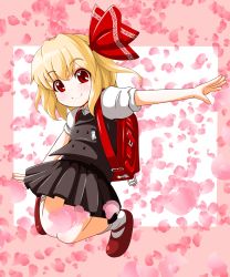 Rule 34 | 1girl, absurdres, backpack, bag, blonde hair, child, embodiment of scarlet devil, female focus, hair ribbon, highres, jumping, mary janes, outstretched arms, petals, randoseru, red eyes, ribbon, roco (katsuya1011), rumia, shoes, short hair, skirt, smile, solo, spread arms, touhou