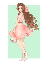 Rule 34 | 1girl, aerith gainsborough, aerith gainsborough (basic pink dress), bag, blush, border, bow, bracelet, breasts, brown hair, dress, earrings, final fantasy, final fantasy vii, final fantasy vii remake, frilled sleeves, frills, full body, green background, green eyes, hair bow, handbag, highres, holding, holding bag, jewelry, long hair, medium breasts, official alternate costume, parted bangs, pink dress, ponytail, short sleeves, sidelocks, softp3ach, solo, square enix, sundress, wall market, wavy hair, white footwear