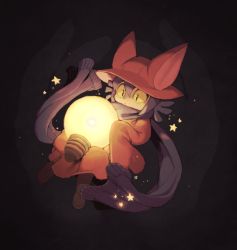 Rule 34 | animal hat, black background, blue scarf, cat hat, commentary request, floating, glowing, hat, light bulb, niko (oneshot), oneshot (game), other focus, rikose, scarf, simple background, slit pupils, solo, star (symbol), yellow eyes