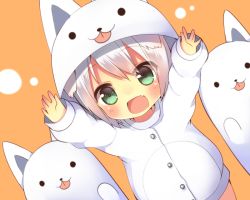 Rule 34 | 1girl, androgynous, animal ears, animal hood, arms up, bad id, bad pixiv id, blush, cat hood, child, female focus, freon sacred (mishima kurone), green eyes, hood, looking at viewer, mishima kurone, open mouth, short hair, simple background, smile, solo, white hair