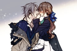 Rule 34 | 1boy, 1girl, ascot, black shirt, blue shirt, blush, bow, brown coat, brown hair, closed mouth, coat, commentary, couple, covering another&#039;s mouth, crow armbrust, earrings, eiyuu densetsu, face-to-face, falcom, from side, fur-trimmed coat, fur trim, green ascot, grey background, hair bow, hand over another&#039;s mouth, hetero, highres, jewelry, light particles, long hair, looking at another, miniskirt, off shoulder, own hands together, ponytail, profile, red eyes, ribbed shirt, sen no kiseki, shirt, short hair, silver hair, simple background, skirt, soap (user kghh4755), towa herschel, two-tone background, white background, white skirt