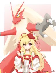 Rule 34 | 1girl, absurdres, blaziken, blonde hair, creatures (company), crossover, dated, detached sleeves, game freak, gen 3 pokemon, granblue fantasy, hair ribbon, hand up, hat, hat feather, highres, holding, holding poke ball, klaius, long hair, long sleeves, looking at viewer, mahira (granblue fantasy), nintendo, parted lips, pointy ears, poke ball, poke ball (basic), pokemon, pokemon (creature), red eyes, red headwear, red ribbon, ribbon, standing, twitter username
