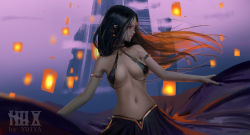 Rule 34 | 1girl, armlet, artist name, bare shoulders, black hair, black skirt, breasts, breasts apart, building, collarbone, commentary request, copyright request, cowboy shot, floating hair, gradient background, halterneck, highres, lantern, large breasts, long hair, long skirt, looking away, looking to the side, navel, paper lantern, parted lips, pointy ears, profile, purple background, red eyes, red hair, skirt, skirt hold, solo, stomach, ydiya