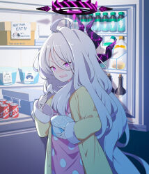 Rule 34 | 1girl, ahoge, backlighting, blue archive, blurry, bottle, cameo, can, cola, commentary request, cooler, demon girl, demon horns, depth of field, doodle sensei (blue archive), drink can, energy drink, english text, food, hair between eyes, halo, highres, hina (blue archive), hina (pajamas) (blue archive), holding, holding spoon, horns, ice cream, ice cream spoon, ice cream tub, izumi (blue archive), long hair, long sleeves, looking at viewer, official alternate costume, open mouth, pajamas, paper, pink pajamas, plastic bottle, polka dot, polka dot pajamas, purple eyes, rabe26k, refrigerator, sensei (blue archive), sidelocks, soda bottle, soda can, solo, spoon, surprised, sweater, v-shaped eyebrows, very long hair, wavy mouth, white hair, wine bottle, yellow sweater, yuuka (blue archive)