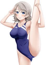 Rule 34 | 10s, 1girl, blue eyes, blue one-piece swimsuit, blush, breasts, clenched teeth, collarbone, competition swimsuit, covered erect nipples, covered navel, grey hair, large breasts, leg up, looking at viewer, love live!, love live! sunshine!!, miel (lessontome), one-piece swimsuit, short hair, simple background, smile, solo, standing, standing on one leg, swimsuit, teeth, v, watanabe you, wet, white background