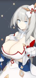 Rule 34 | 1girl, absurdres, alternate breast size, arm under breasts, blue eyes, breasts, cleavage, collarbone, dress, fate/grand order, fate (series), fleur-de-lis, gloves, hair ornament, hand on own chest, highres, large breasts, long hair, marie antoinette (fate), mikoto (oi plus), side ponytail, source request, white dress, white gloves, white hair