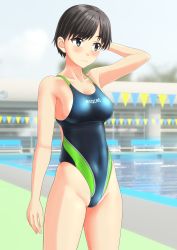 Rule 34 | 1girl, absurdres, arm behind head, bench, black hair, blue one-piece swimsuit, blue sky, blurry, breasts, clothes writing, cloud, collarbone, competition swimsuit, cowboy shot, day, depth of field, female pubic hair, green eyes, highleg, highleg swimsuit, highres, medium breasts, multicolored clothes, multicolored swimsuit, one-piece swimsuit, original, outdoors, pool, pubic hair, pubic hair peek, pubic stubble, short hair, sky, solo, standing, string of flags, swimsuit, takafumi