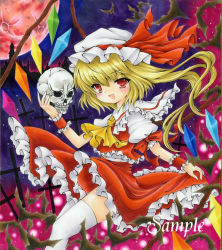 Rule 34 | 1girl, ascot, bat (animal), blonde hair, chirori, female focus, flandre scarlet, hat, hat ribbon, moon, open mouth, puffy sleeves, red eyes, red moon, ribbon, short hair, short sleeves, side ponytail, skull, solo, thighhighs, touhou, white thighhighs, wings, wrist cuffs