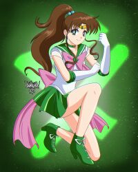 Rule 34 | 1girl, absurdres, back bow, bishoujo senshi sailor moon, bow, brown hair, choker, closed mouth, commentary, danmakuman, earrings, elbow gloves, english commentary, full body, gloves, green background, green choker, green eyes, green footwear, green sailor collar, green skirt, hair bobbles, hair ornament, hand up, high heels, high ponytail, highres, jewelry, jupiter symbol, kino makoto, leotard, light smile, long hair, looking at viewer, magical girl, miniskirt, parted bangs, pink bow, pleated skirt, sailor collar, sailor jupiter, sailor senshi uniform, signature, skirt, solo, star (symbol), star choker, super sailor jupiter, white gloves, white leotard
