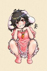 Rule 34 | +++, 1girl, ahoge, animal ears, black hair, blush, breasts, carbohydrate (asta4282), carrot necklace, commentary request, dress, floppy ears, frilled dress, frills, full body, grin, highres, inaba tewi, jewelry, looking at viewer, medium breasts, messy hair, necklace, pink dress, pink socks, puffy short sleeves, puffy sleeves, rabbit ears, rabbit girl, red eyes, short hair, short sleeves, simple background, smile, socks, solo, squatting, touhou, twitter username, yellow background