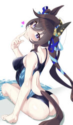 Rule 34 | 1girl, :3, absurdres, anok7456, arm support, black one-piece swimsuit, blue eyes, blush, breasts, brown hair, closed mouth, commentary request, competition swimsuit, ear covers, from behind, hair between eyes, hat, heart, highres, long hair, looking at viewer, looking back, medium breasts, mole, mole under eye, multicolored hair, nape, one-piece swimsuit, poolside, single ear cover, sitting, smile, solo, streaked hair, swimsuit, twintails, umamusume, very long hair, vivlos (umamusume), water, wet, wet clothes, wet hair, wet swimsuit, white background, white hair, white hat