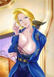 Rule 34 | 1girl, blonde hair, blue eyes, bow, breast hold, breasts, cleavage, dead or alive, dead or alive 5, ema (emaura), fringe trim, hair bow, hair intakes, helena douglas, huge breasts, lipstick, long hair, makeup, md5 mismatch, ponytail, solo, tecmo