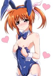 Rule 34 | 1girl, animal ears, blue bow, blue bowtie, blue eyes, blue leotard, blush, bow, bowtie, breasts, brown hair, closed mouth, collarbone, fake animal ears, fake tail, hair ornament, hair ribbon, heart, heart background, highres, leotard, leotard pull, looking at viewer, lyrical nanoha, mahou shoujo lyrical nanoha, mahou shoujo lyrical nanoha a&#039;s, nipples, playboy bunny, rabbit ears, rabbit tail, ribbon, shiny clothes, shiny skin, short hair, simple background, small breasts, smile, solo, tail, takamachi nanoha, thighhighs, twintails, user jvnc5823, white thighhighs