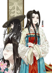 Rule 34 | black hair, blindfold, brown eyes, chinese clothes, chinese hat, dress, earrings, flower, grey eyes, hanfu, hat, highres, jewelry, long hair, long sleeves, lotus, necklace, parted lips, qixiong ruqun, ruqun, straw hat, white background, wide sleeves