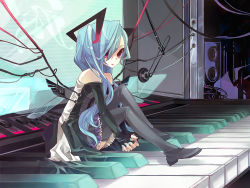 Rule 34 | 1girl, aqua hair, boots, detached sleeves, female focus, full body, hatsune miku, instrument, keyboard, keyboard (instrument), long hair, mechanical wings, microphone, mini person, minigirl, musou yuchi, pink eyes, sitting, skirt, solo, studio microphone, thigh boots, thighhighs, twintails, very long hair, vocaloid, wings